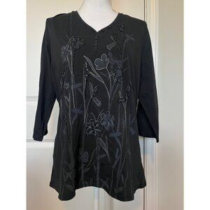 Vtg Green Source Signature Black Floral Beaded Long Sleeve Tunic Top Size XXL
